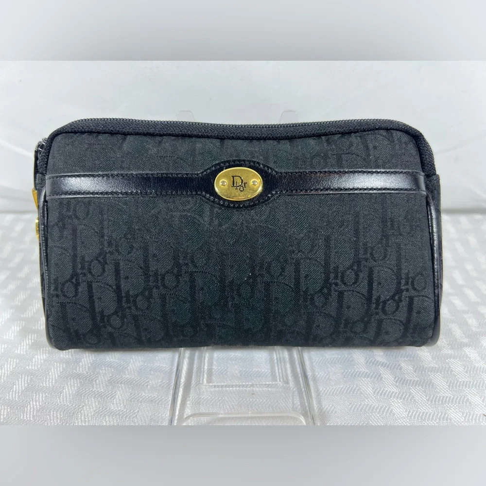 7527: Christian Dior Oblique Jacquard Zip Pouch Black Gold Logo